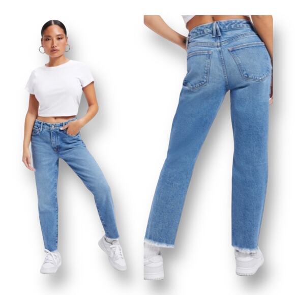 Good American Good Girlfriend Raw Hem Jeans Medium Wash Blue Womens Size 6/28 - Picture 11 of 11
